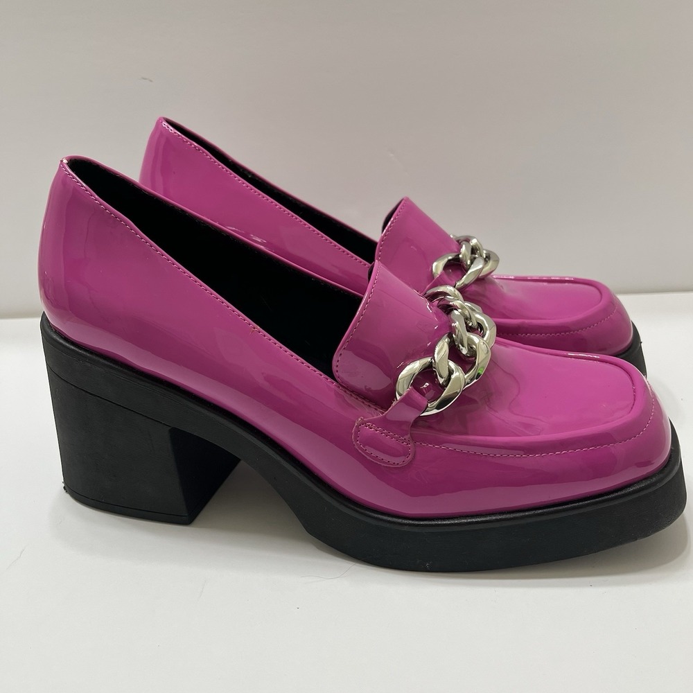 Call It Spring Noella Hot Pink Patent Leather Chunky Loafers Gold Tone Chain 11